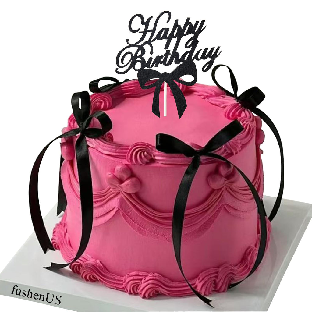 LAIFOOSHEN Bow Cake Topper - 12 Black Ribbon Toppers + Happy Birthday Sign