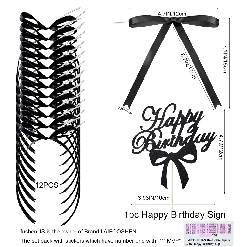 LAIFOOSHEN Bow Cake Topper - 12 Black Ribbon Toppers + Happy Birthday Sign