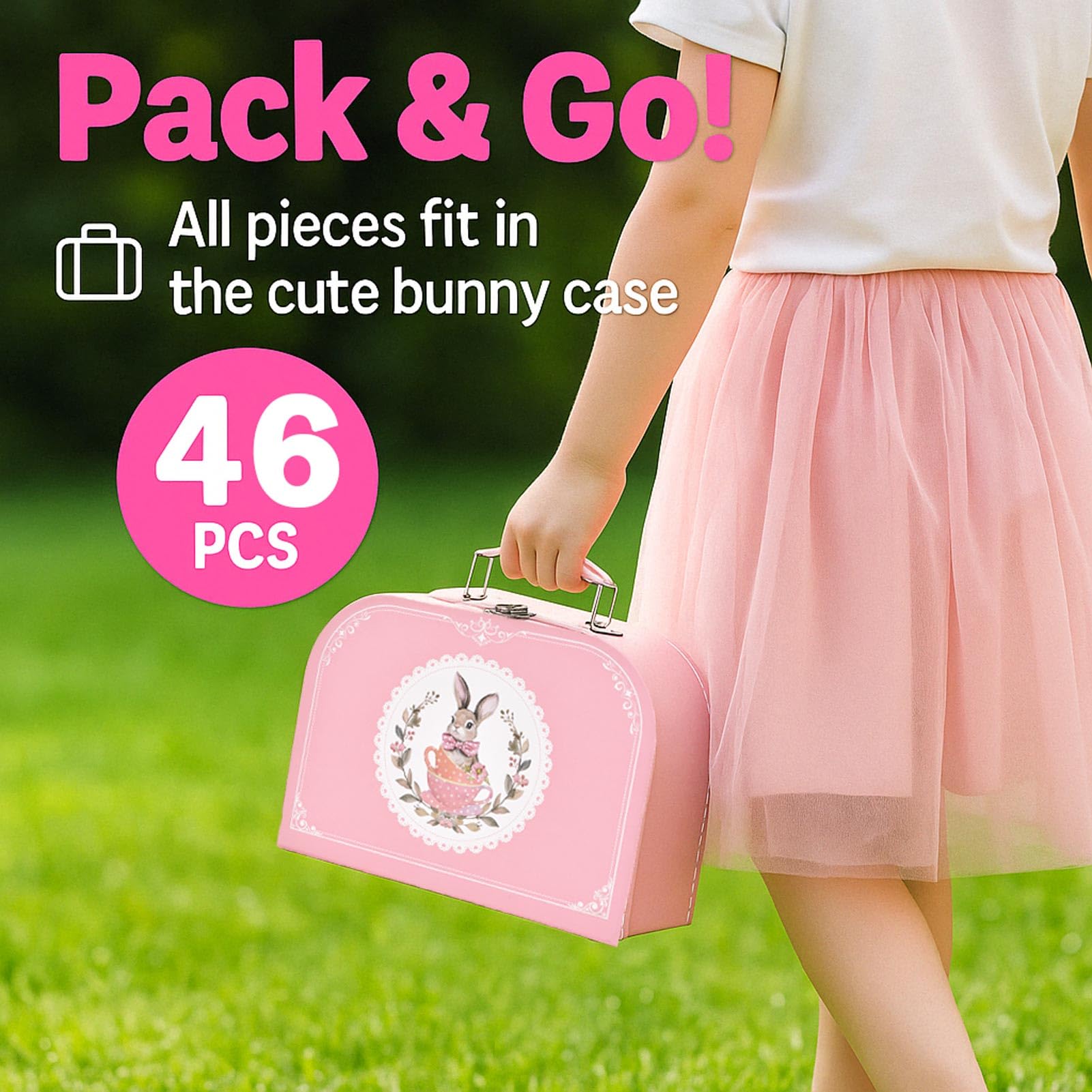 Lajeje Tea Party Set for Girls – 46-Piece Bunny Teapot Pretend Play Kit