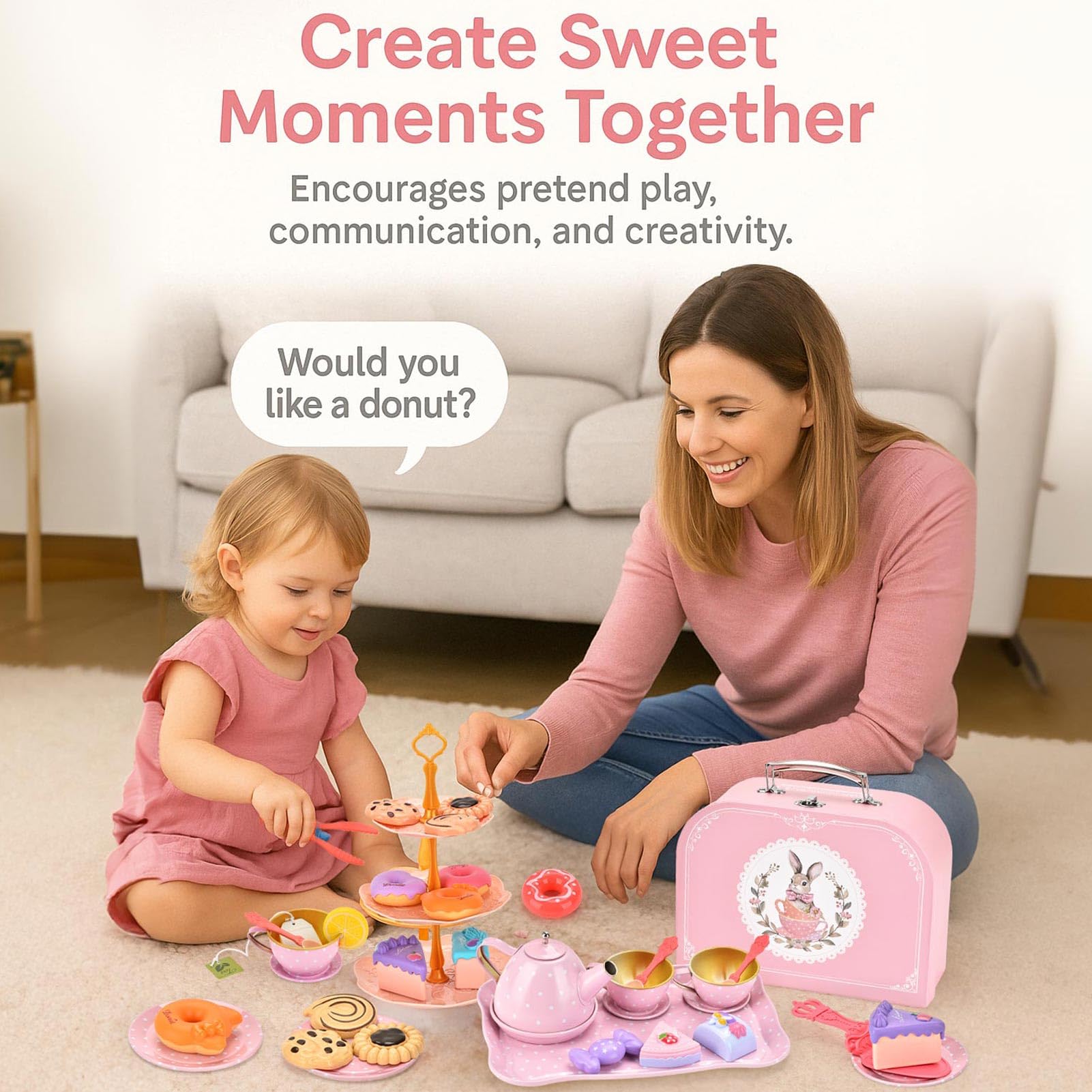 Lajeje Tea Party Set for Girls – 46-Piece Bunny Teapot Pretend Play Kit