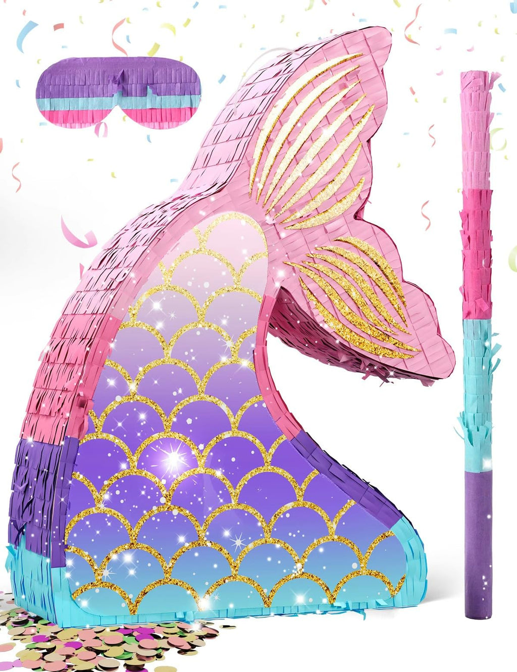 LAKINGO Mermaid Pinata for Girls – Under the Sea Pinata with Wood Stick & Blindfold (16 x 12 x 3 in)