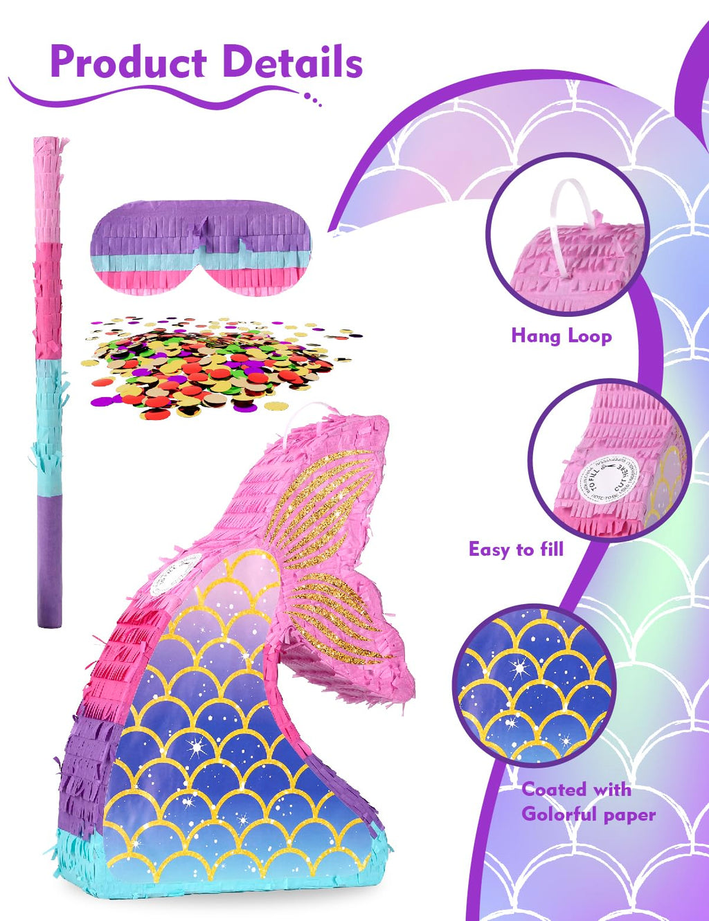 LAKINGO Mermaid Pinata for Girls – Under the Sea Pinata with Wood Stick & Blindfold (16 x 12 x 3 in)