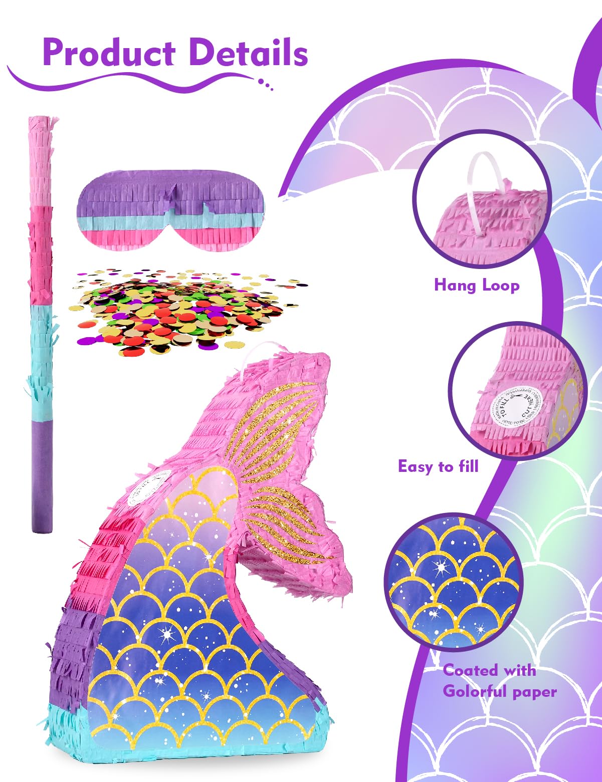 LAKINGO Mermaid Pinata for Girls – Under the Sea Pinata with Wood Stick & Blindfold (16 x 12 x 3 in)