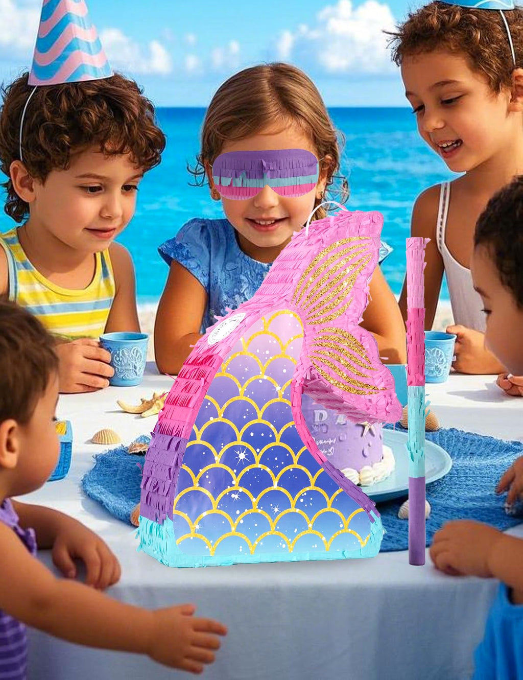 LAKINGO Mermaid Pinata for Girls – Under the Sea Pinata with Wood Stick & Blindfold (16 x 12 x 3 in)