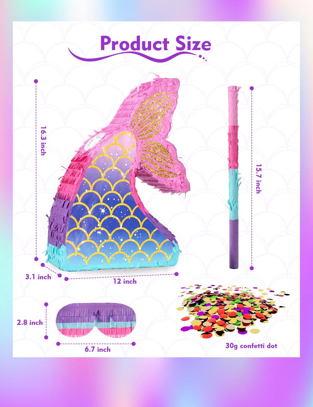 LAKINGO Mermaid Pinata for Girls – Under the Sea Pinata with Wood Stick & Blindfold (16 x 12 x 3 in)