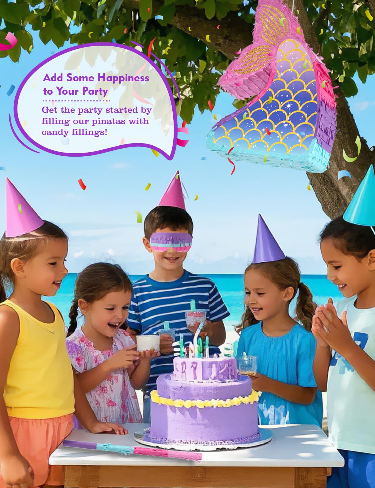 LAKINGO Mermaid Pinata for Girls – Under the Sea Pinata with Wood Stick & Blindfold (16 x 12 x 3 in)