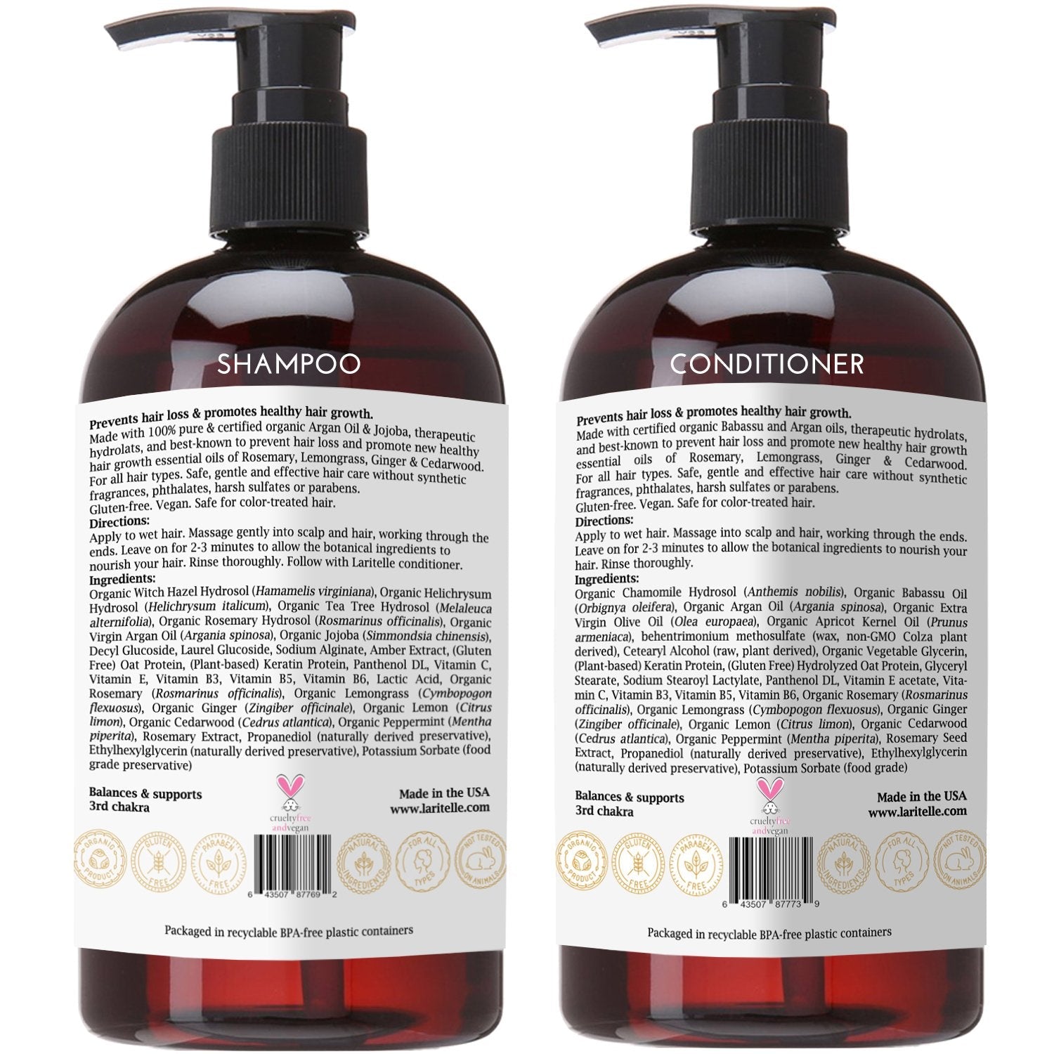 Laritelle Organic Shampoo 17 oz + Conditioner 16 oz | Prevents Hair Loss, Promotes Hair Growth | Argan Oil, Rosemary, Ginger & Cedarwood