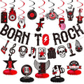 LARRAZABAL Rock and Roll Party Decorations – Born to Rock Glitter Banner, Swirls & Honeycomb Centerpieces