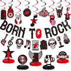 LARRAZABAL Rock and Roll Party Decorations – Born to Rock Glitter Banner, Swirls & Honeycomb Centerpieces