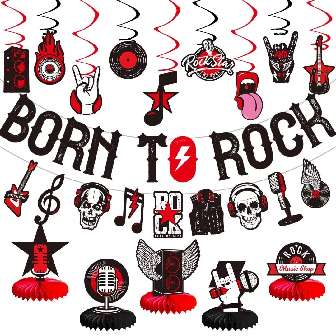 LARRAZABAL Rock and Roll Party Decorations – Born to Rock Glitter Banner, Swirls & Honeycomb Centerpieces