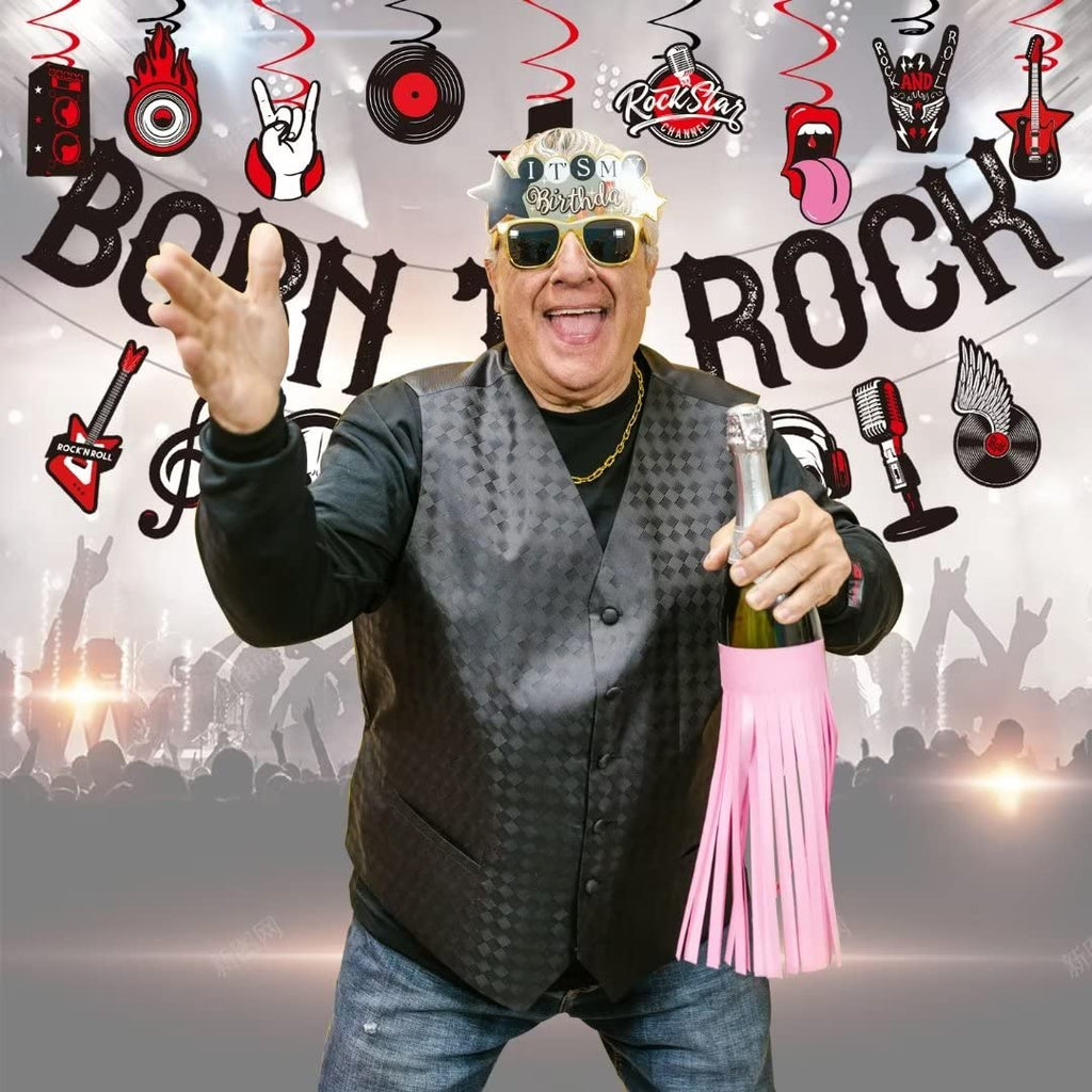 LARRAZABAL Rock and Roll Party Decorations – Born to Rock Glitter Banner, Swirls & Honeycomb Centerpieces