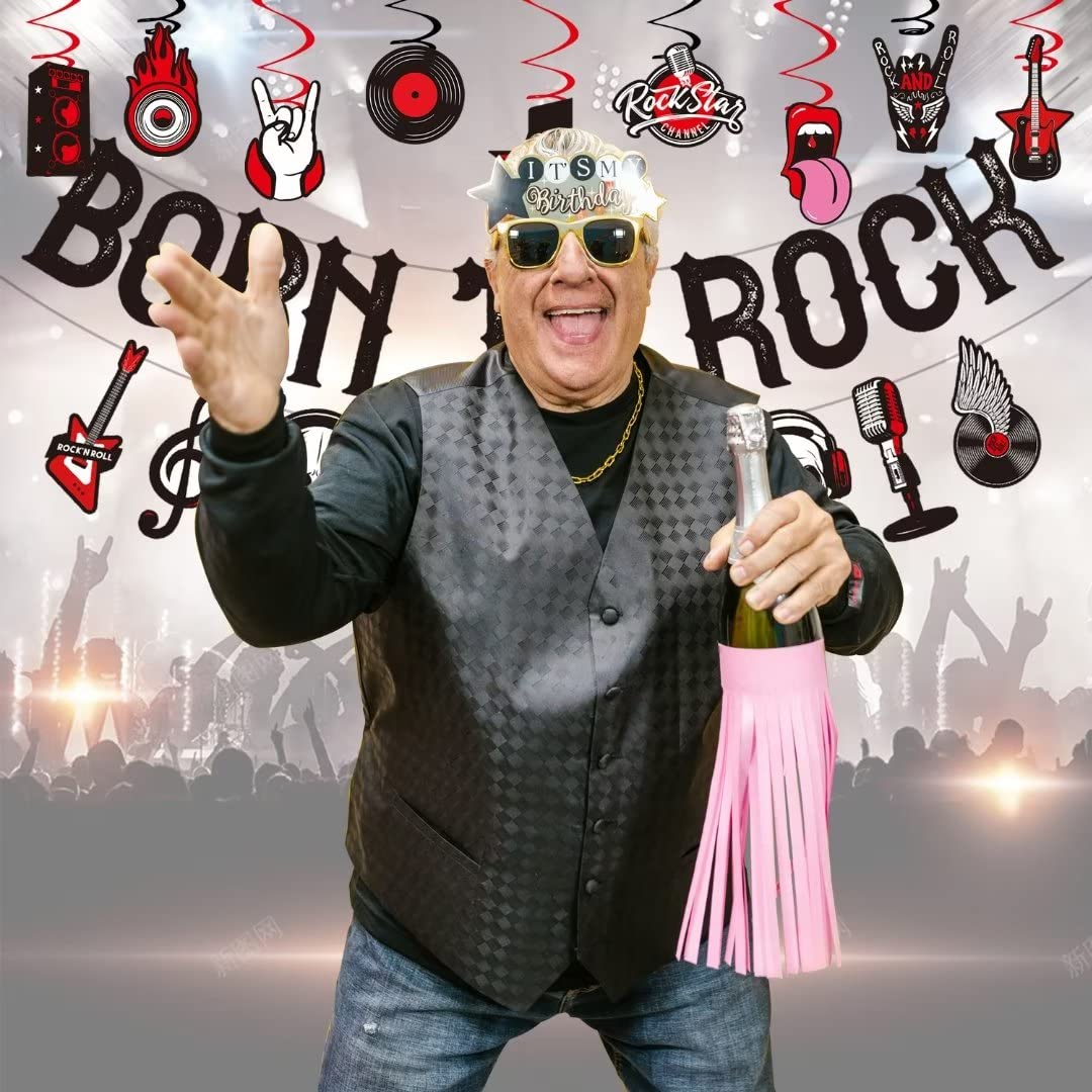 LARRAZABAL Rock and Roll Party Decorations – Born to Rock Glitter Banner, Swirls & Honeycomb Centerpieces