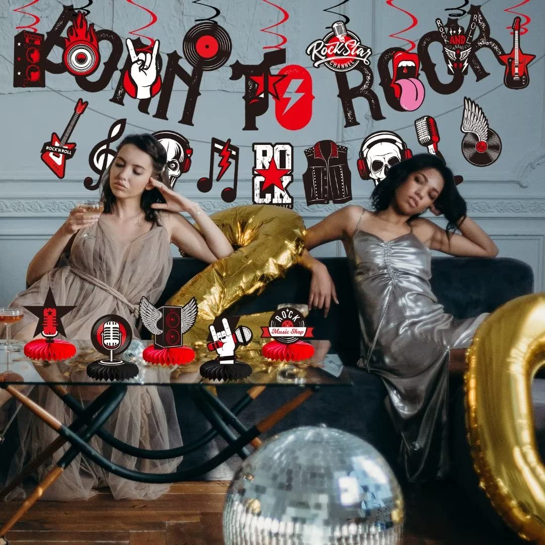 LARRAZABAL Rock and Roll Party Decorations – Born to Rock Glitter Banner, Swirls & Honeycomb Centerpieces