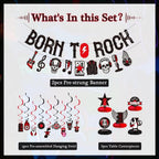 LARRAZABAL Rock and Roll Party Decorations – Born to Rock Glitter Banner, Swirls & Honeycomb Centerpieces