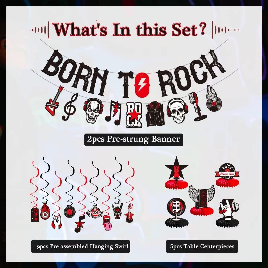 LARRAZABAL Rock and Roll Party Decorations – Born to Rock Glitter Banner, Swirls & Honeycomb Centerpieces
