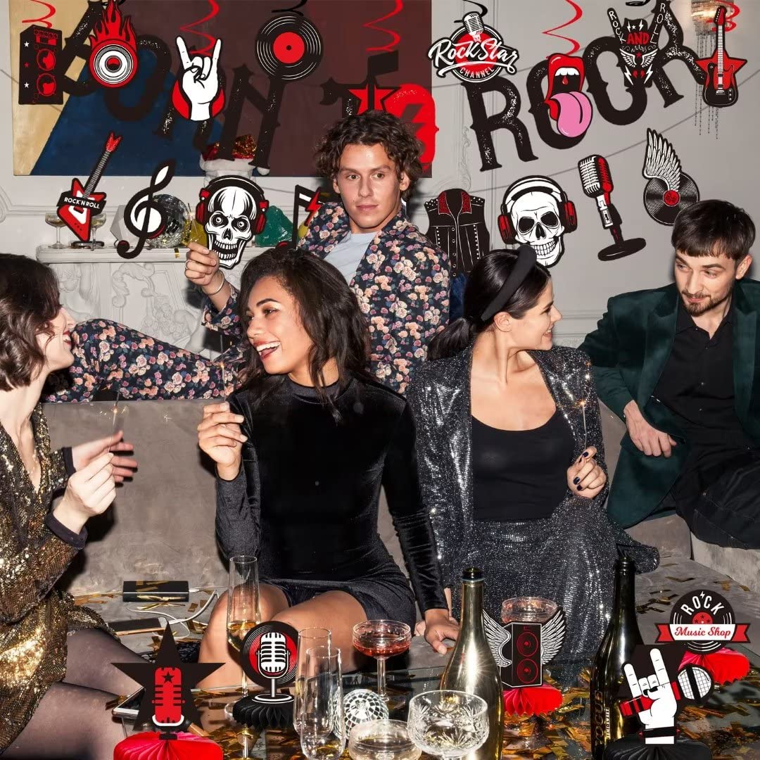 LARRAZABAL Rock and Roll Party Decorations – Born to Rock Glitter Banner, Swirls & Honeycomb Centerpieces