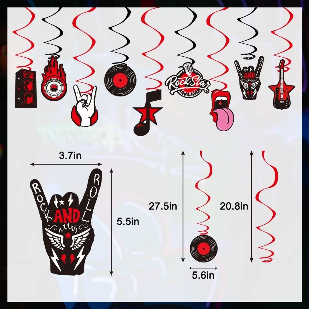 LARRAZABAL Rock and Roll Party Decorations – Born to Rock Glitter Banner, Swirls & Honeycomb Centerpieces
