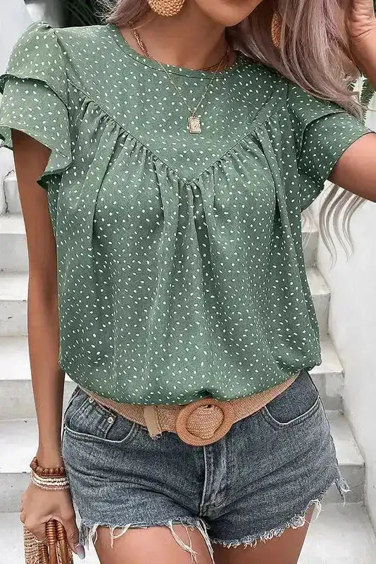 Polka Dot Ruffle Sleeve Ruched Round Neck Blouse Women UK