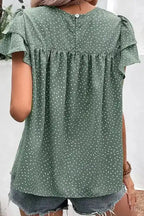 Polka Dot Ruffle Sleeve Ruched Round Neck Blouse Women UK