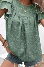 Polka Dot Ruffle Sleeve Ruched Round Neck Blouse Women UK