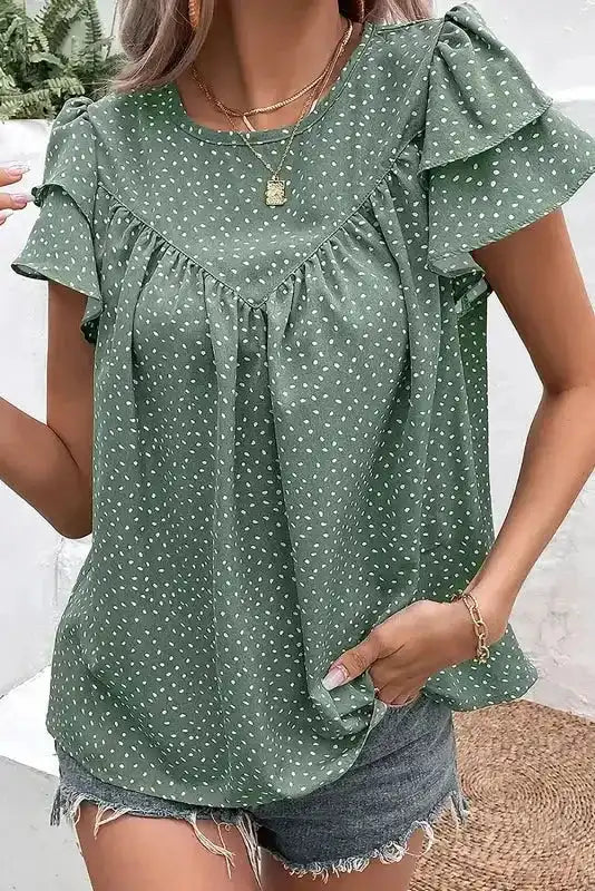 Polka Dot Ruffle Sleeve Ruched Round Neck Blouse Women UK