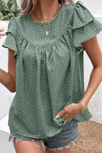 Polka Dot Ruffle Sleeve Ruched Round Neck Blouse Women UK