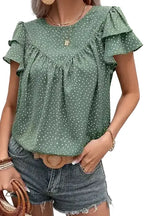Polka Dot Ruffle Sleeve Ruched Round Neck Blouse Women UK