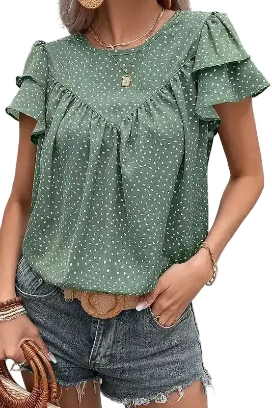 Polka Dot Ruffle Sleeve Ruched Round Neck Blouse Women UK