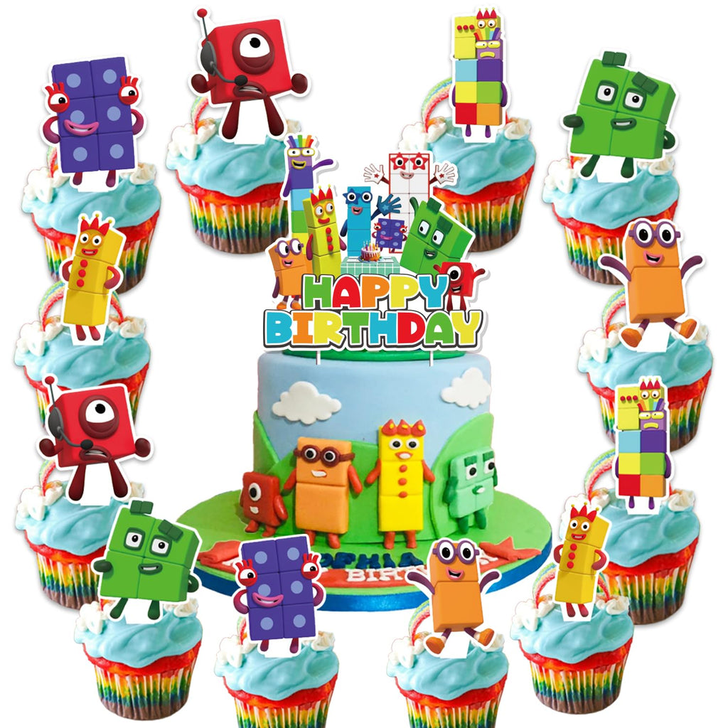 LDAKZFV 25Pcs Number Blocks Birthday Party Supplies – Cake Topper & 24 Cupcake Toppers