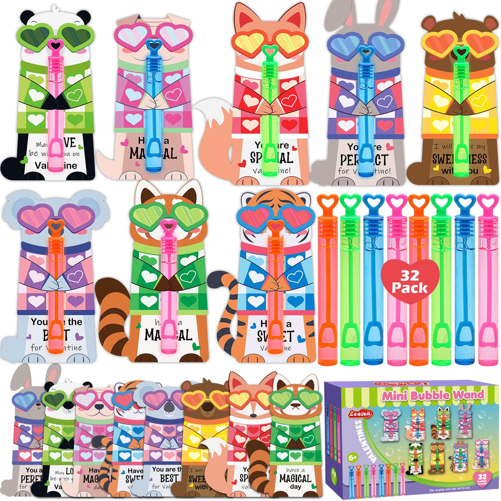 LEASEN 32-Pack Mini Bubble Wands & Valentine Animal Cards – Classroom Party Favors
