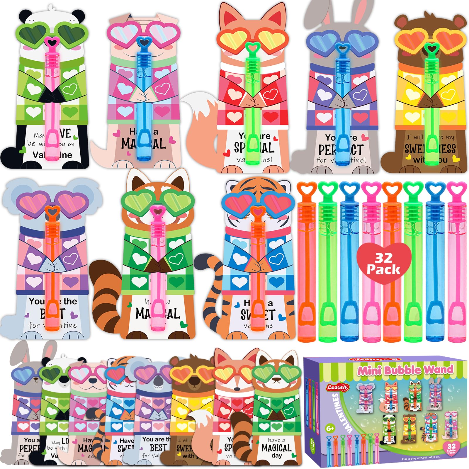 LEASEN 32-Pack Mini Bubble Wands & Valentine Animal Cards – Classroom Party Favors
