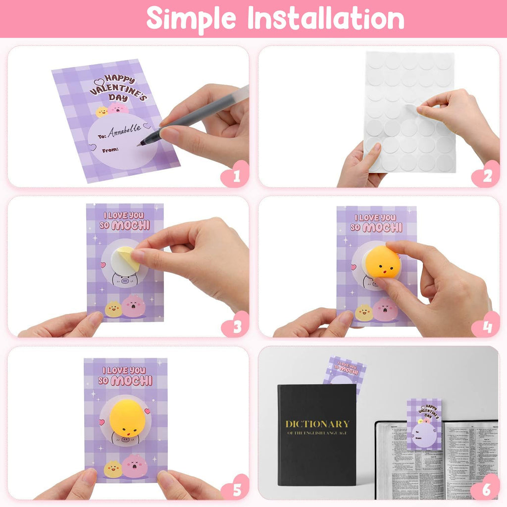 LEASEN 28 Pack Valentines Day Gifts for Kids – Mochi Squishies & Greeting Cards | Classroom Party Favors