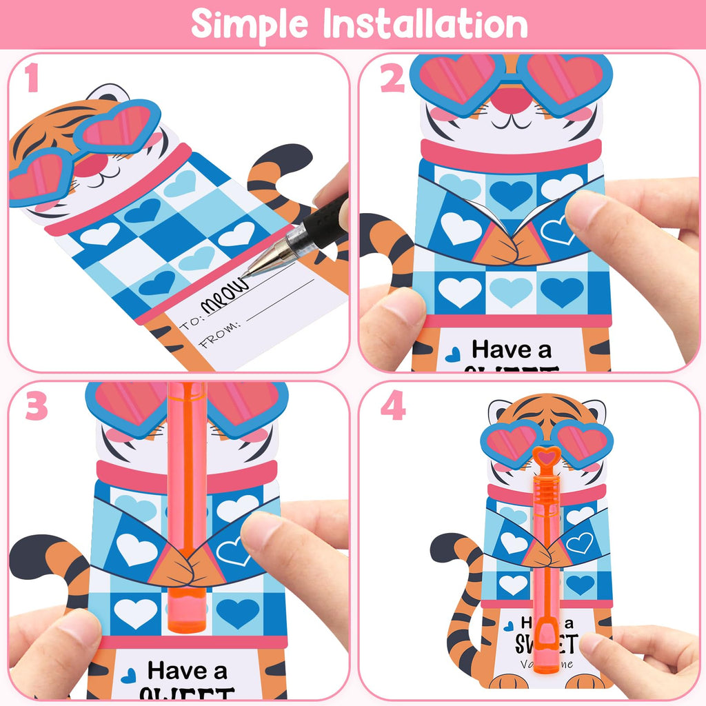 LEASEN 32-Pack Mini Bubble Wands & Valentine Animal Cards – Classroom Party Favors