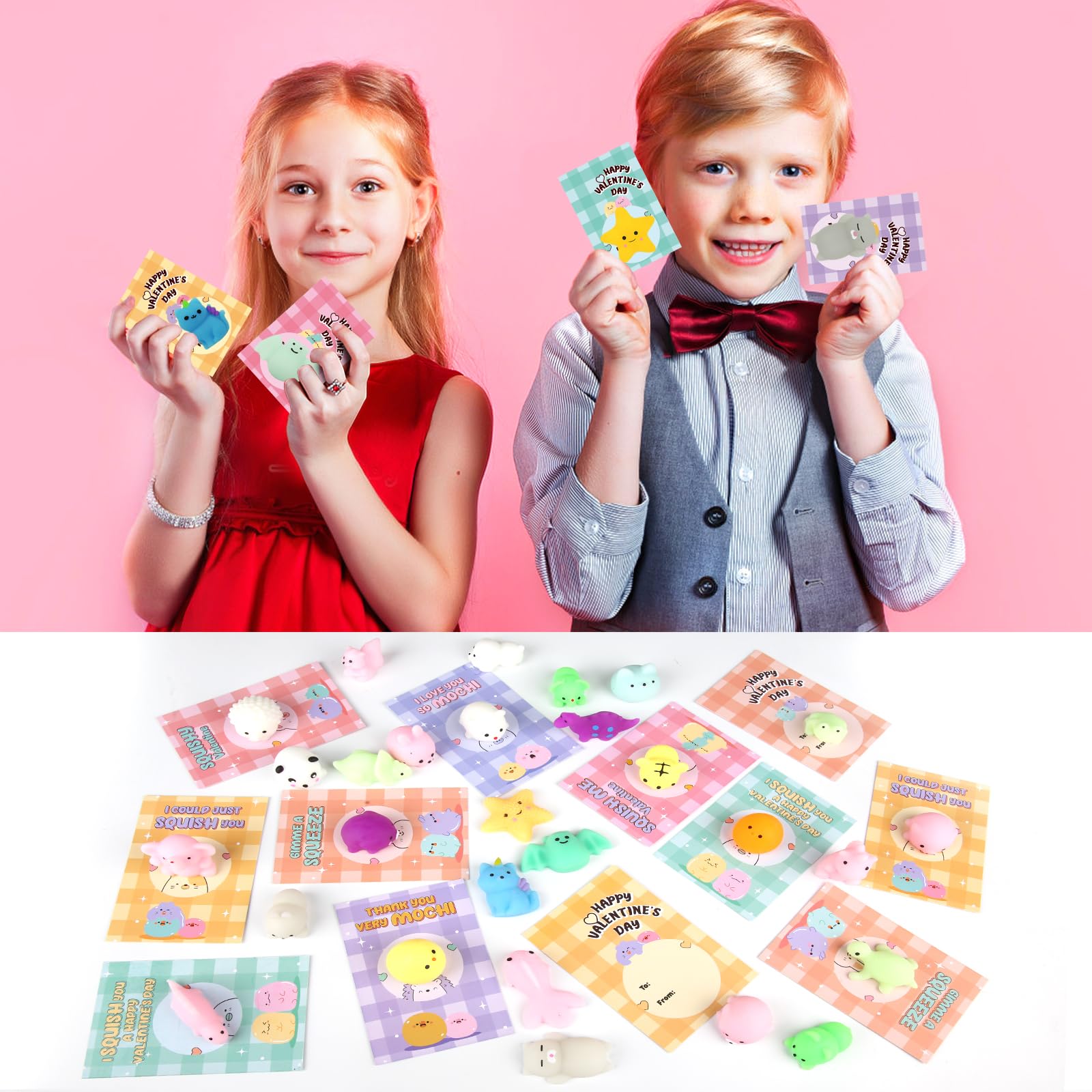 LEASEN 28 Pack Valentines Day Gifts for Kids – Mochi Squishies & Greeting Cards | Classroom Party Favors