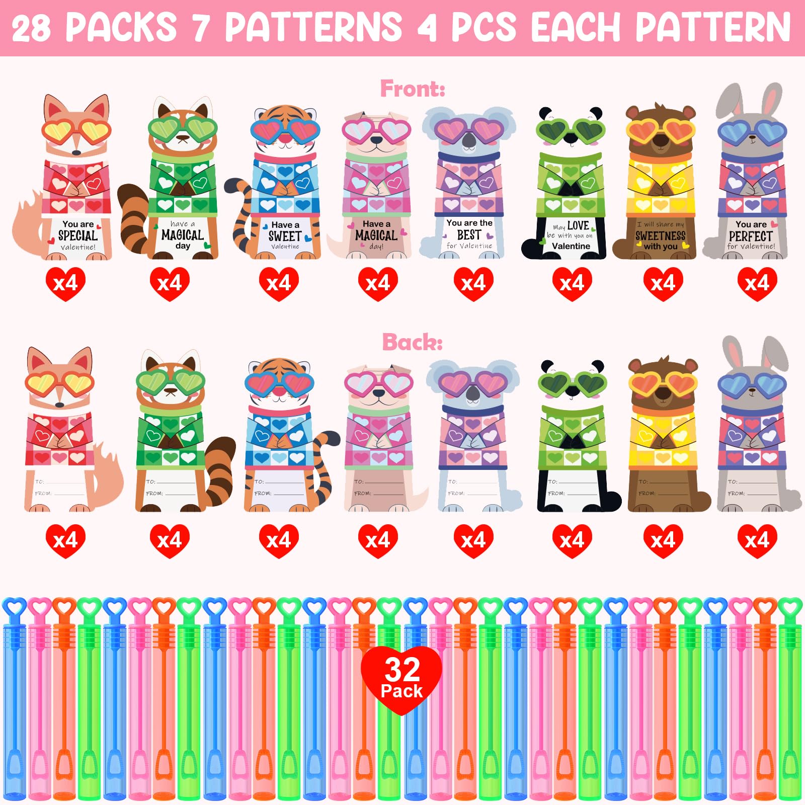LEASEN 32-Pack Mini Bubble Wands & Valentine Animal Cards – Classroom Party Favors