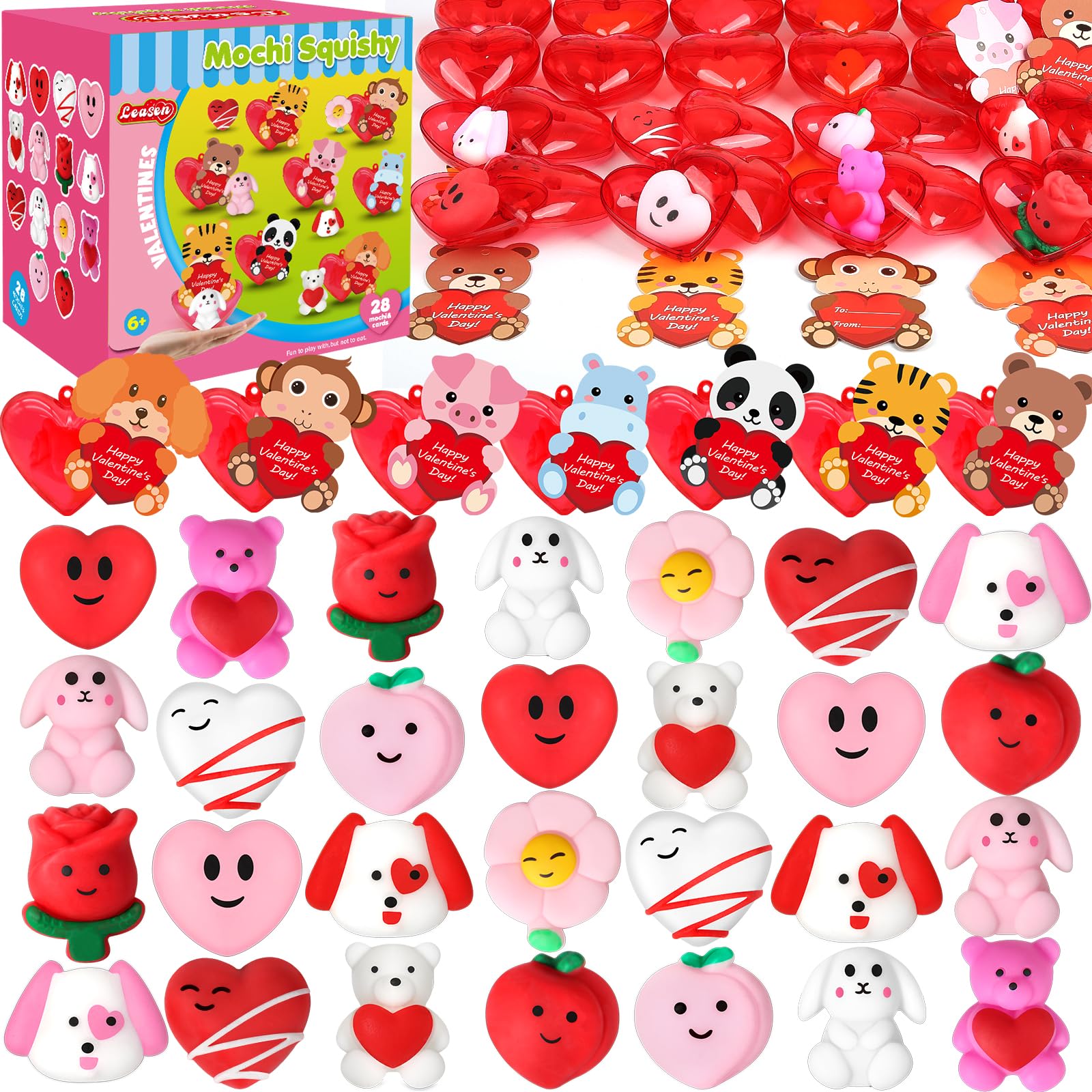 LEASEN 28-Pack Valentine Mochi Squishies with Cards – Kids Classroom Party Favors