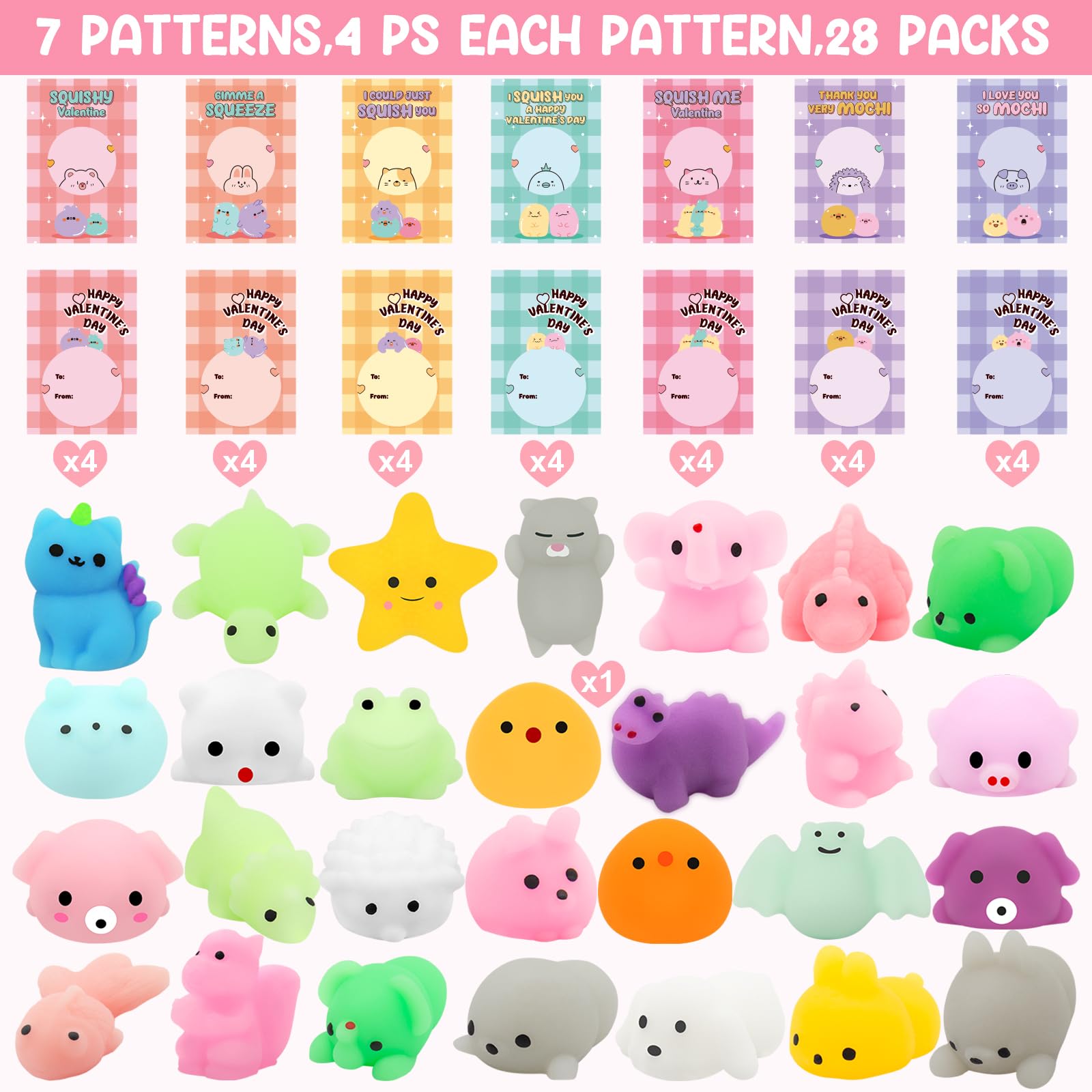 LEASEN 28 Pack Valentines Day Gifts for Kids – Mochi Squishies & Greeting Cards | Classroom Party Favors