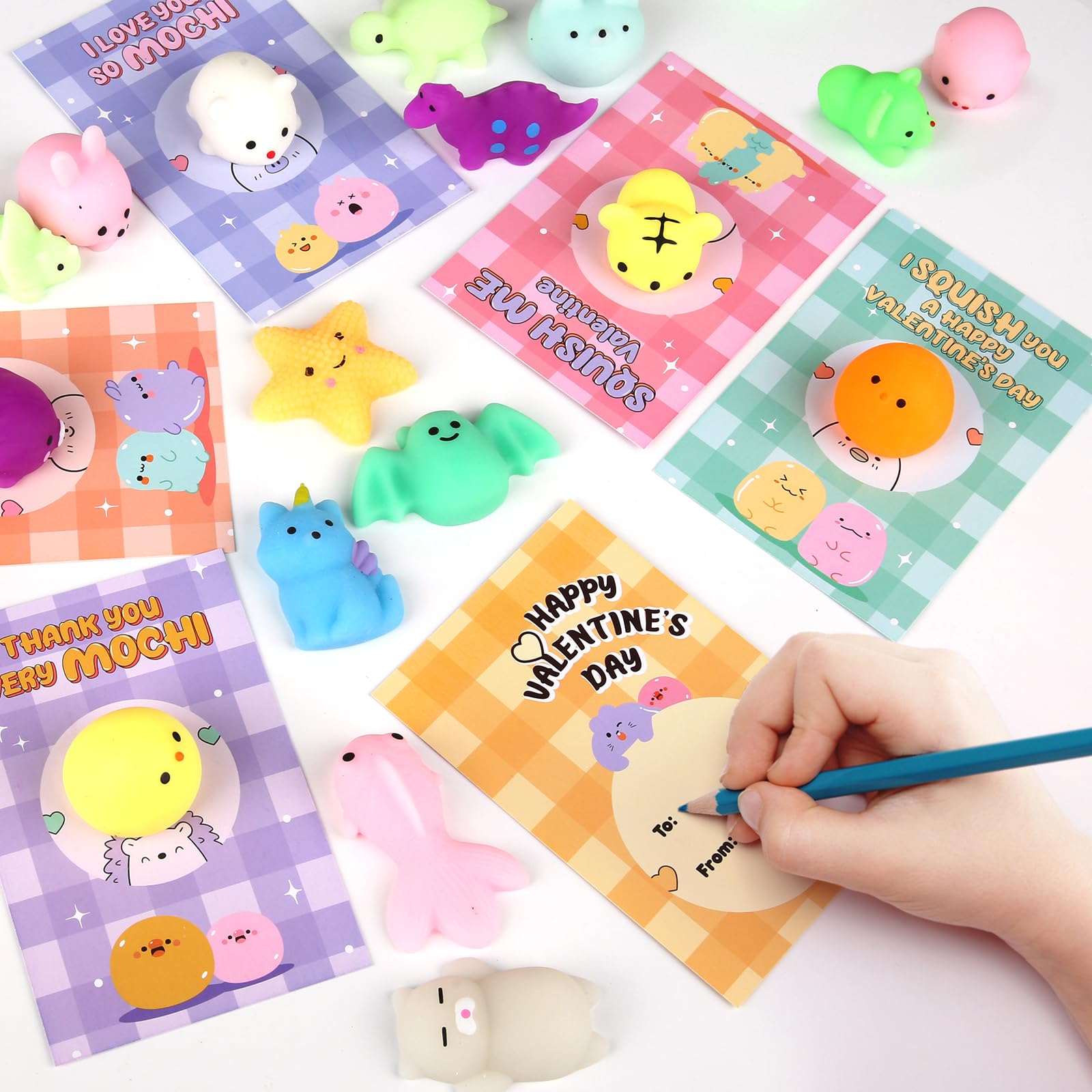 LEASEN 28 Pack Valentines Day Gifts for Kids – Mochi Squishies & Greeting Cards | Classroom Party Favors