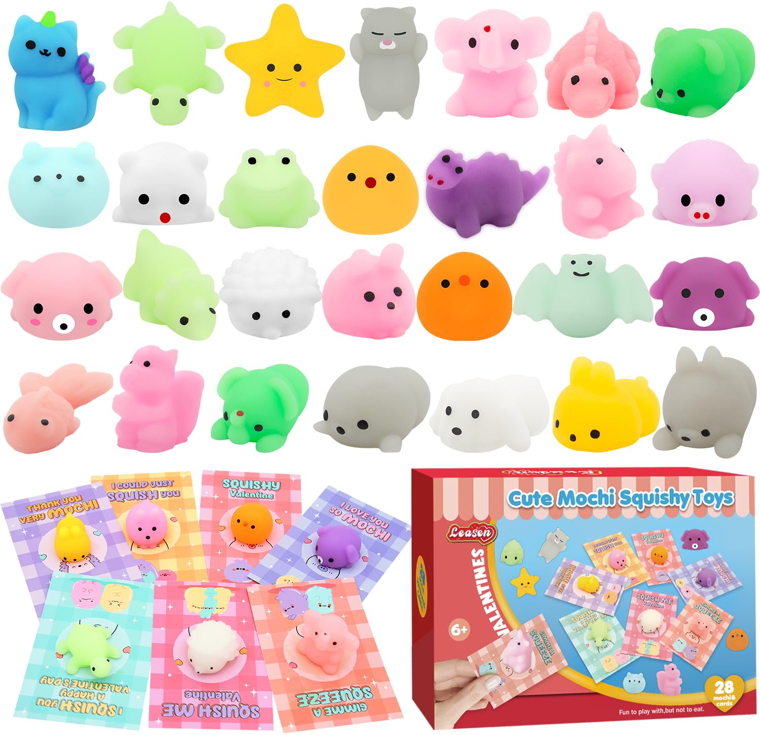 LEASEN 28 Pack Valentines Day Gifts for Kids – Mochi Squishies & Greeting Cards | Classroom Party Favors