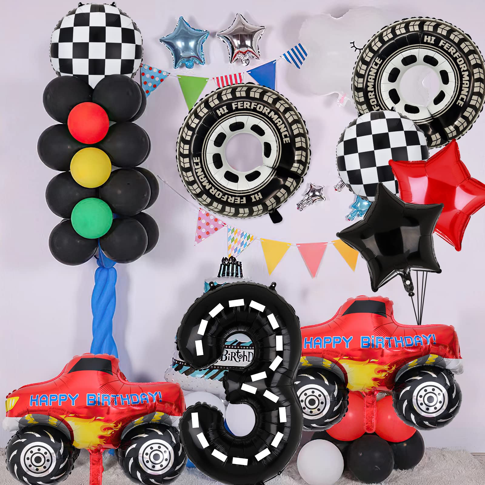 Lebeili Truck Party Decorations – 9pc 3rd Birthday Foil Balloons, Race Car Theme