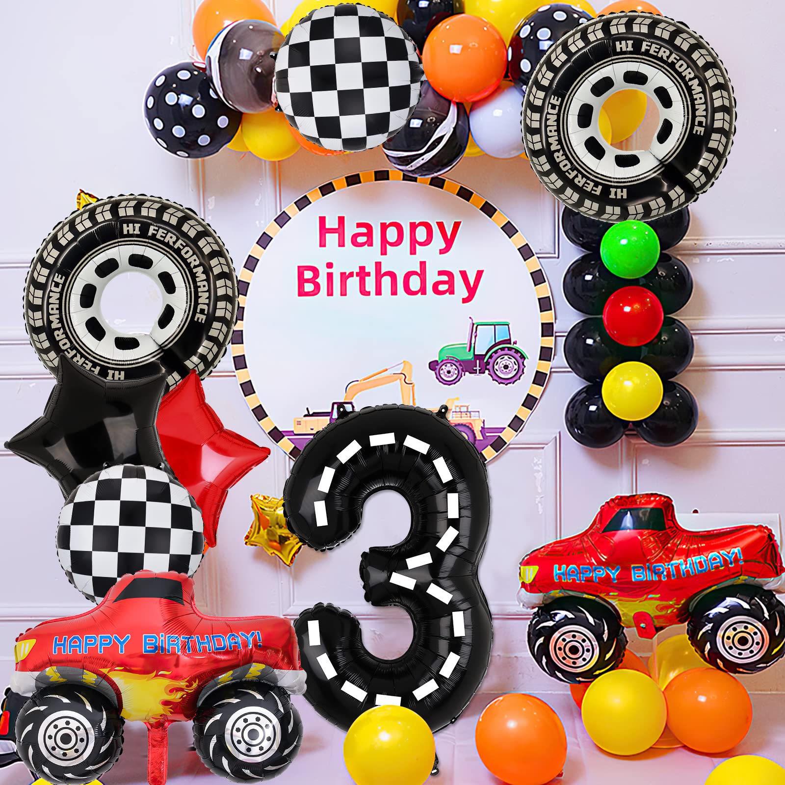 Lebeili Truck Party Decorations – 9pc 3rd Birthday Foil Balloons, Race Car Theme