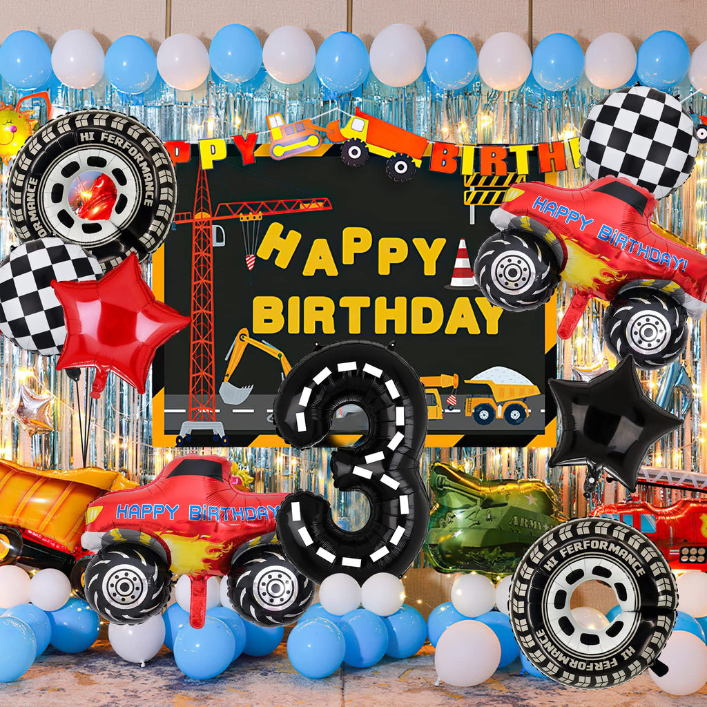 Lebeili Truck Party Decorations – 9pc 3rd Birthday Foil Balloons, Race Car Theme