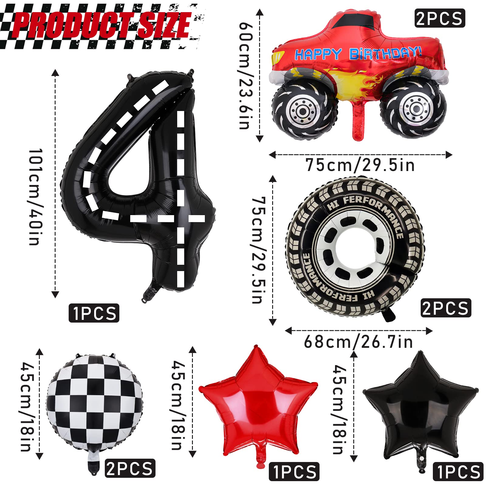 Lebeili Truck Party Decorations — 9pc Truck Birthday Foil Balloons for 4th Birthday, Race Car Theme