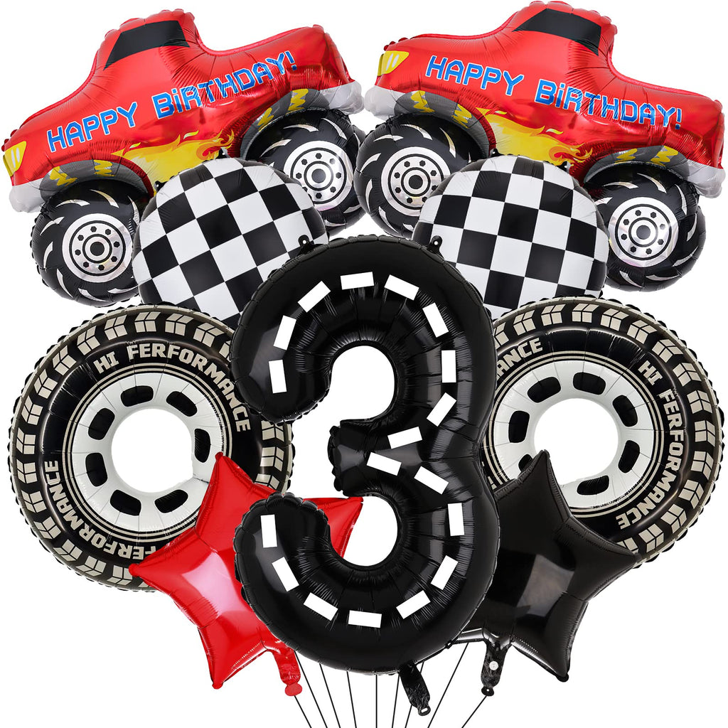 Lebeili Truck Party Decorations – 9pc 3rd Birthday Foil Balloons, Race Car Theme