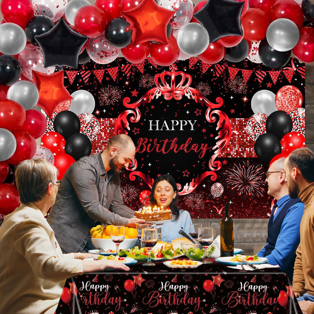 Lecheme Red & Black Birthday Decorations – 66 Pcs Banner, Balloons & Tablecloth for Parties