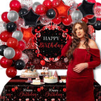 Lecheme Red & Black Birthday Decorations – 66 Pcs Banner, Balloons & Tablecloth for Parties