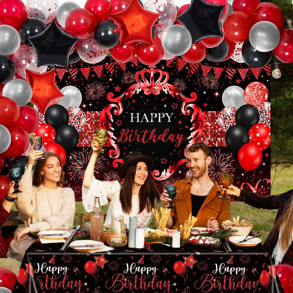 Lecheme Red & Black Birthday Decorations – 66 Pcs Banner, Balloons & Tablecloth for Parties