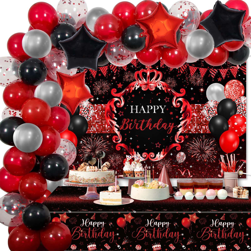 Lecheme Red & Black Birthday Decorations – 66 Pcs Banner, Balloons & Tablecloth for Parties