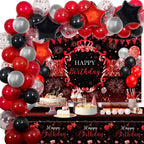 Lecheme Red & Black Birthday Decorations – 66 Pcs Banner, Balloons & Tablecloth for Parties