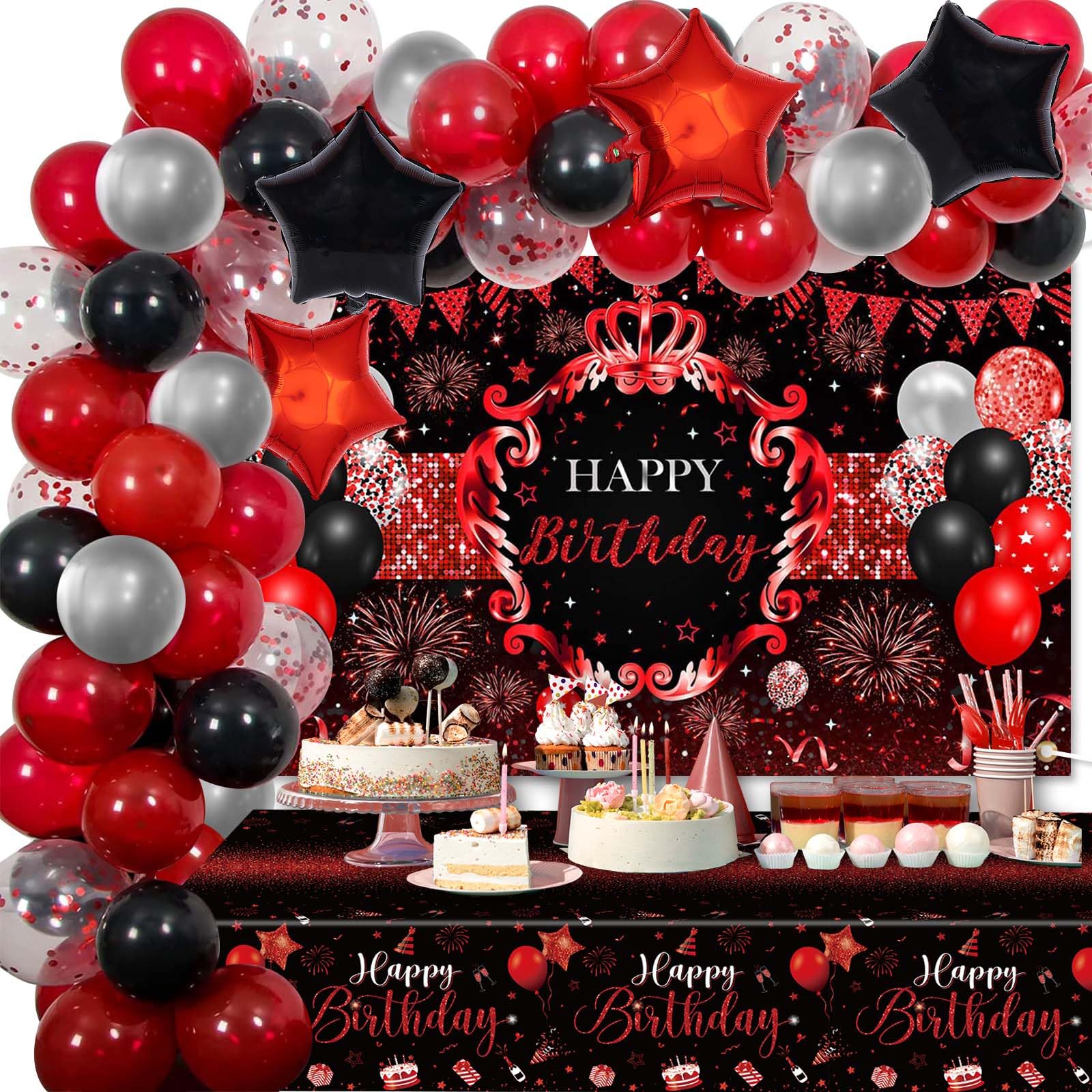 Lecheme Red & Black Birthday Decorations – 66 Pcs Banner, Balloons & Tablecloth for Parties